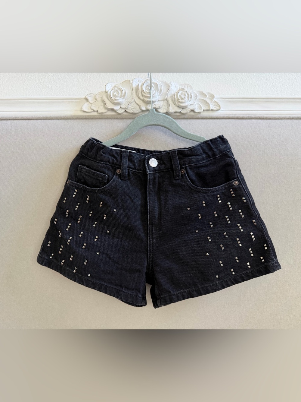 Zara Black Kids Girls Denim Shorts with Silver Stud Embellishments